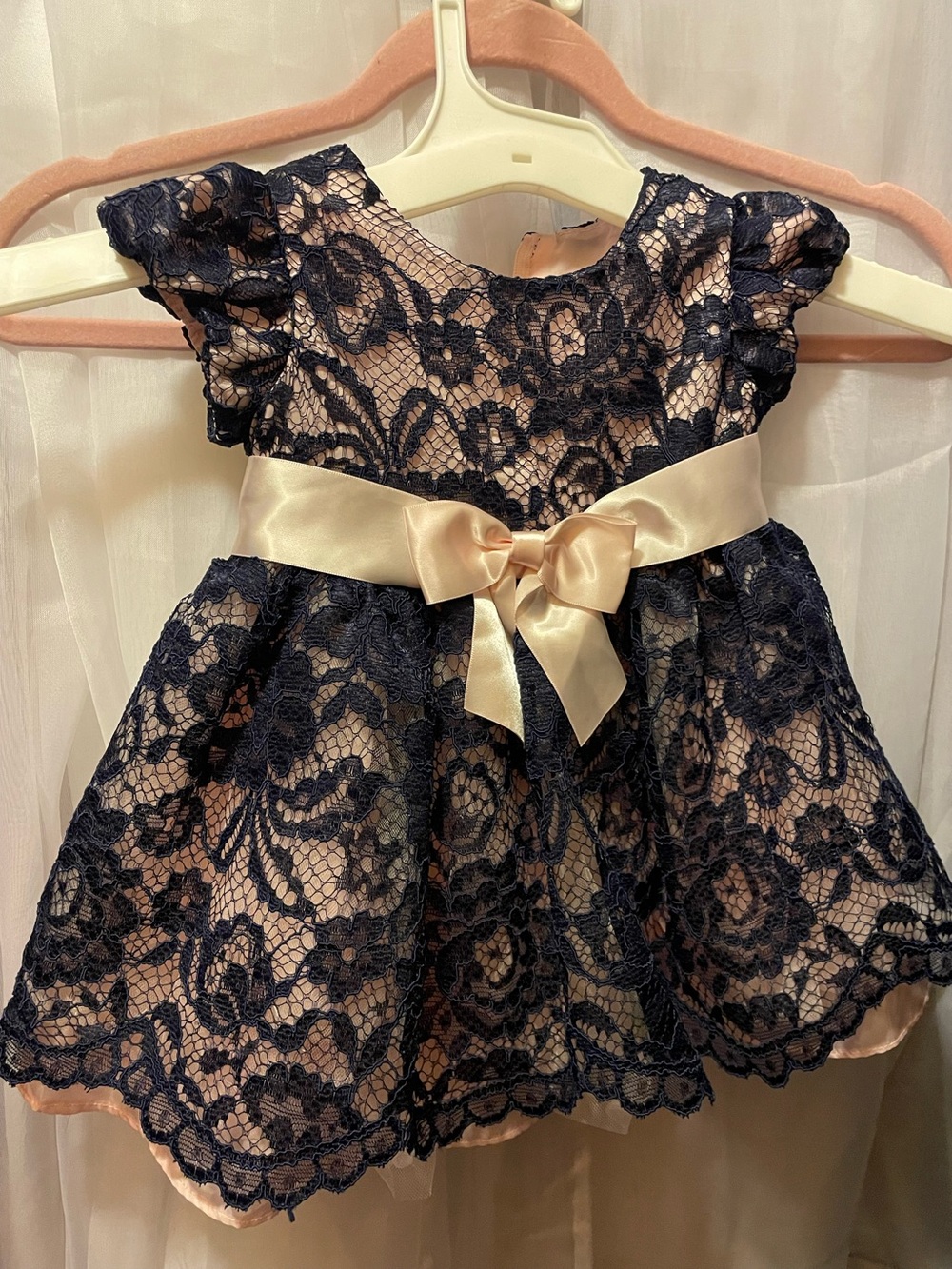 Bonnie Baby Navy Lace and Champagne Bow Toddler Dress